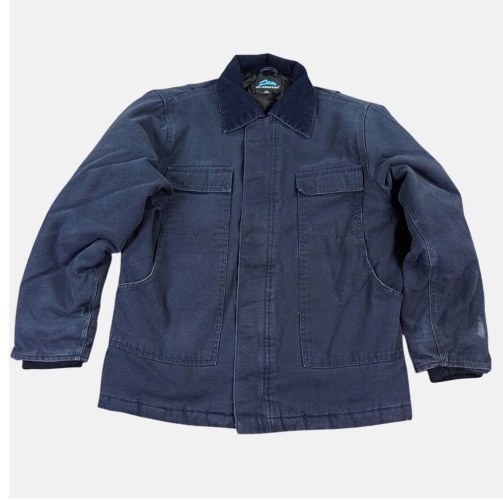 Tri Mountain Work Jacket Mens Small Navy Blue Canvas Corduroy Collar Logo
